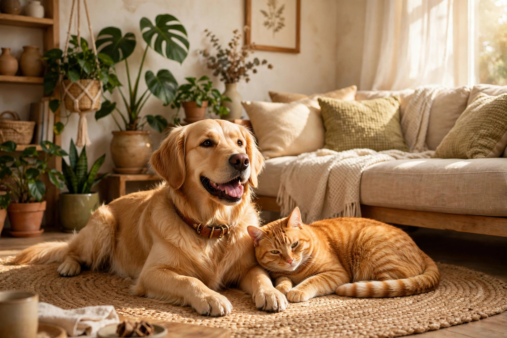 A dog and cat relaxing together at home